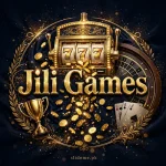 Jili Games APK download - premium Pakistan casino platform logo with gold 777 slot machine, trophy and playing cards