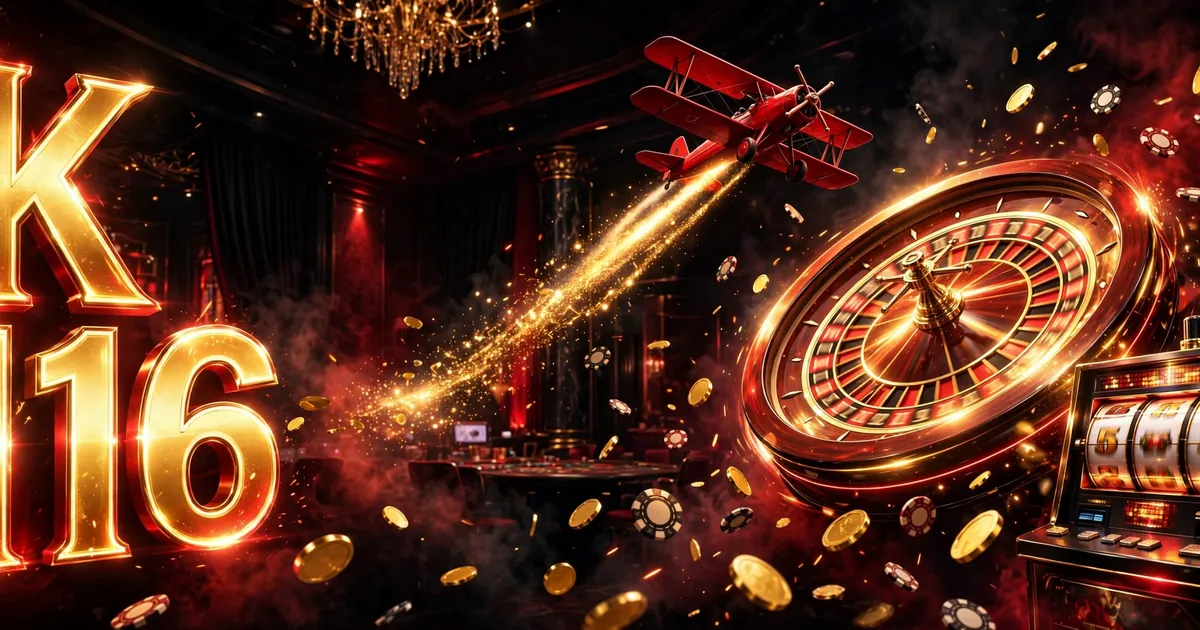 K116 Game Aviator banner with a red plane, roulette wheel and slot reels in gold and red, slideme.pk