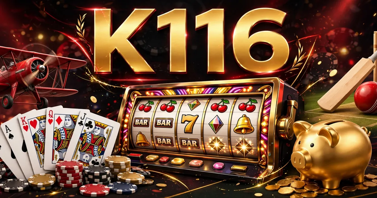 K116 Game games lobby showing Aviator plane, playing cards, slot machine, cricket bat and golden piggy bank, slideme.pk