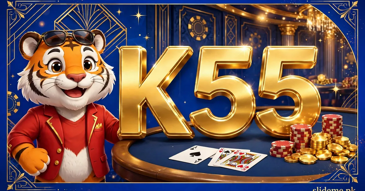 K55 cartoon tiger mascot with poker table — gold 3D K55 logo banner