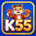 K55 cartoon tiger mascot app icon — sunglasses, red outfit, white and gold 3D K55