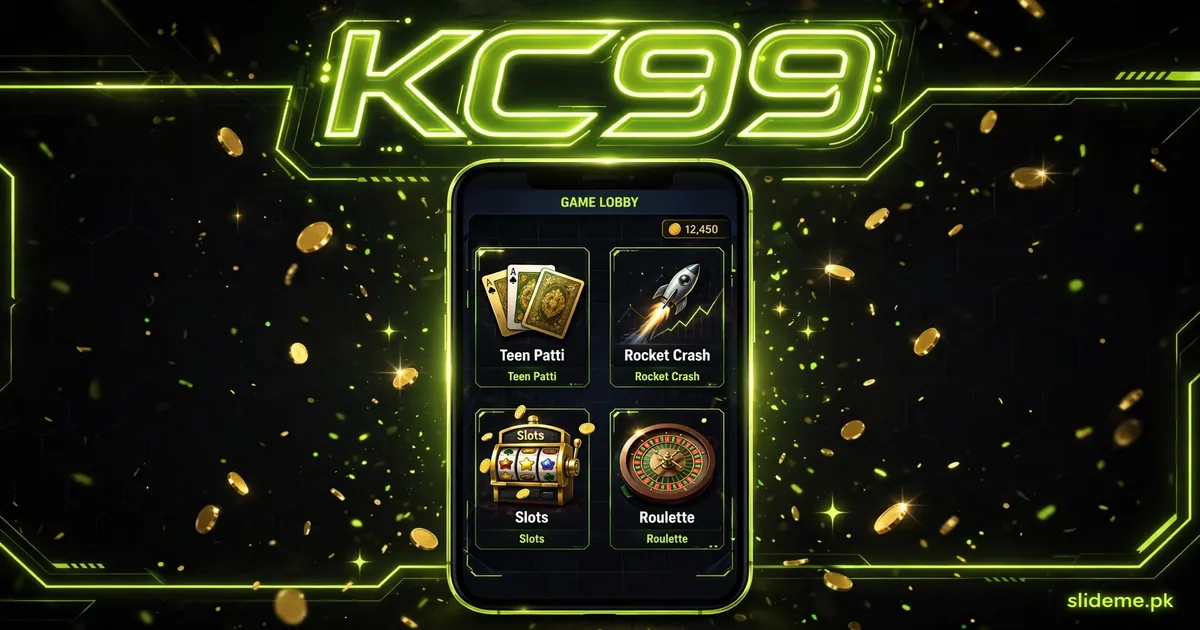 KC99 Game lobby banner – Teen Patti, Rocket Crash, Slots and Roulette game icons in neon green branding