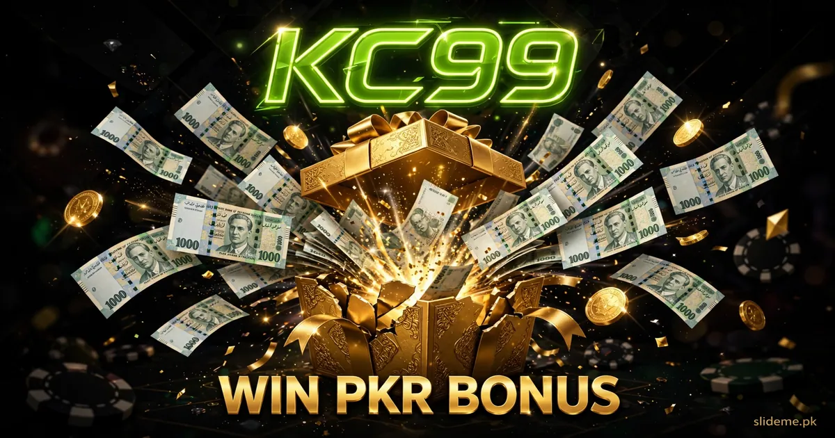 KC99 Game PKR bonus banner – golden gift box with rupee notes and coins in neon green branding