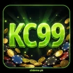 KC99 Game APK download – glossy neon-green 3D KC99 letters with gold coins and casino chips on black