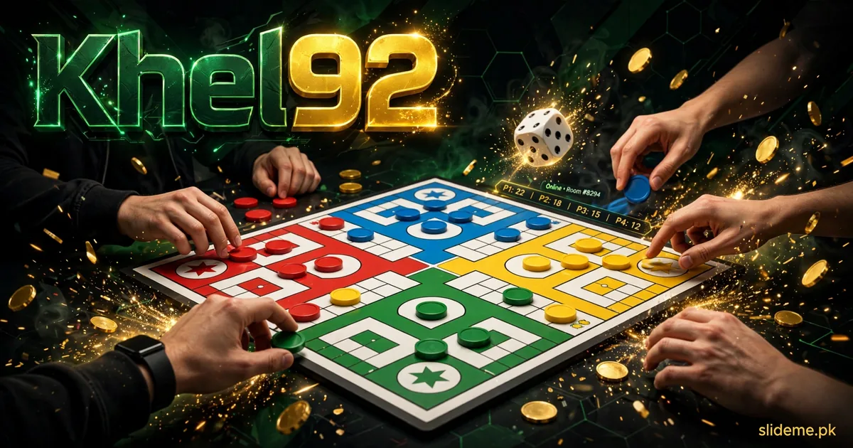 Khel92 Ludo board game scene with dice, tokens and gold coins flying