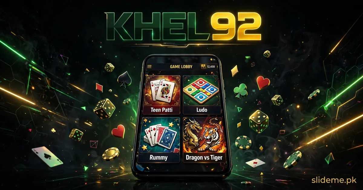 Khel92 app lobby on a smartphone showing Teen Patti, Ludo, Rummy and Dragon vs Tiger game tiles