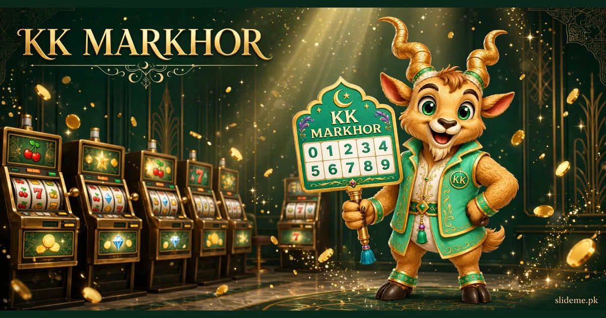 KK Markhor mascot goat character with casino number board and slot machines in a green and gold lobby