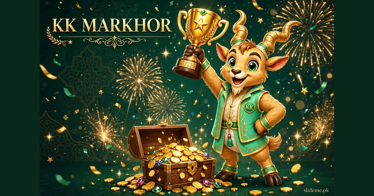 KK Markhor mascot holding VIP trophy with treasure chest of gold coins and fireworks