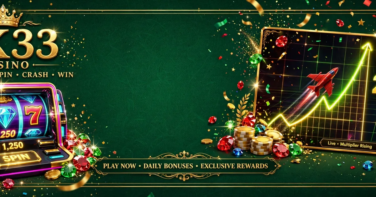 KK33 casino game lobby banner with slot machine and crash multiplier panel