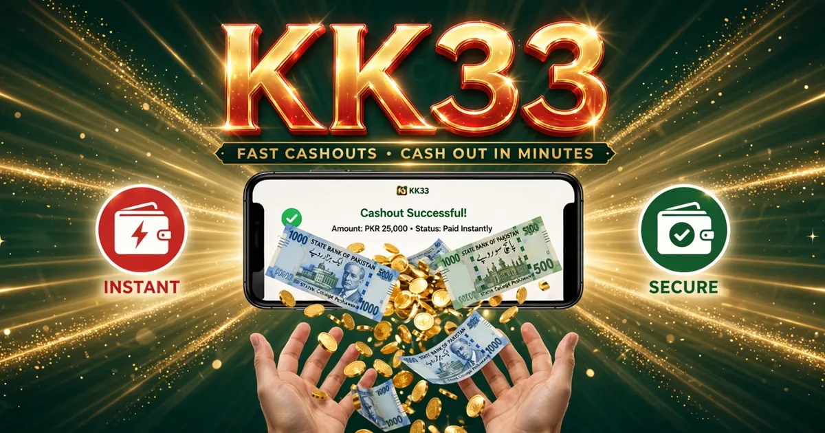 KK33 fast cashout banner with phone showing cashout success and wallet icons
