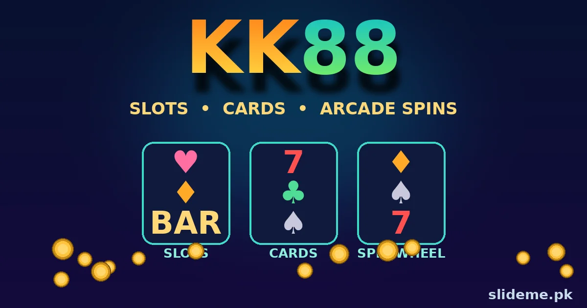 KK88 game lobby showing slots, cards and arcade spin game options