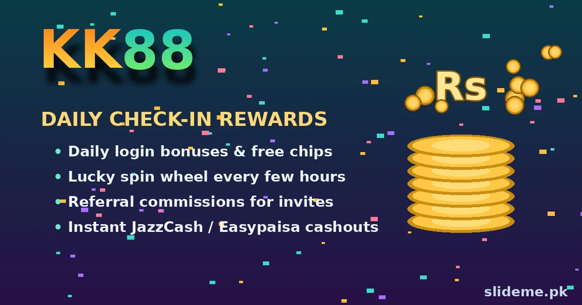 KK88 daily check-in rewards, lucky spin wheel, referral commissions and JazzCash Easypaisa cashouts