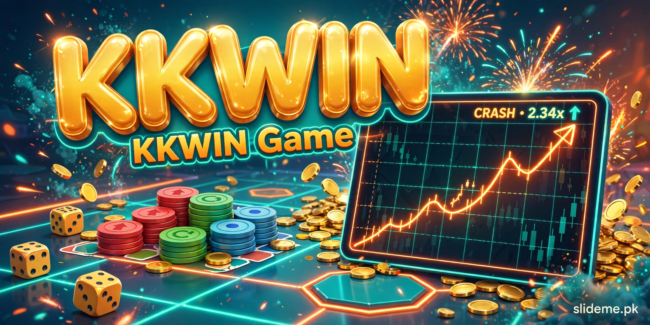 KKWIN Game arcade banner with KKWIN title, dice and gold coins