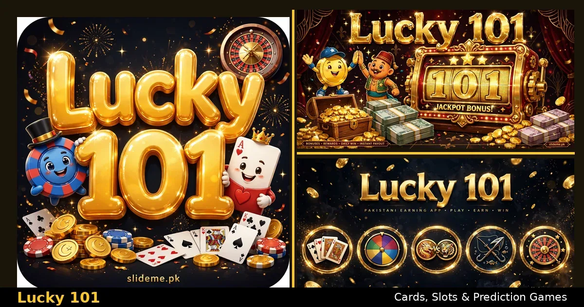 Lucky 101 promo banner with golden letters and celebrating mascots