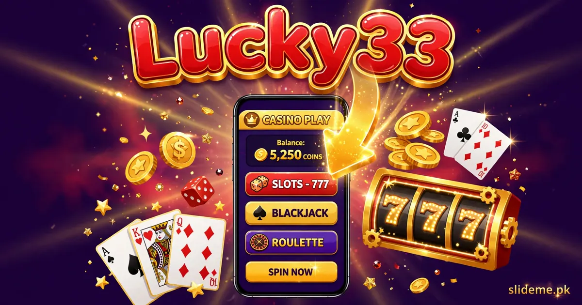 Download Lucky33 Game APK — smartphone with casino app screen, gold download arrow, playing cards and gold coins