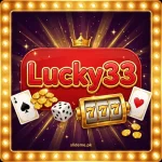 Lucky33 Game logo-style artwork with glossy red 3D Lucky33 lettering, gold coins, dice, playing cards and slot 777 — featured image
