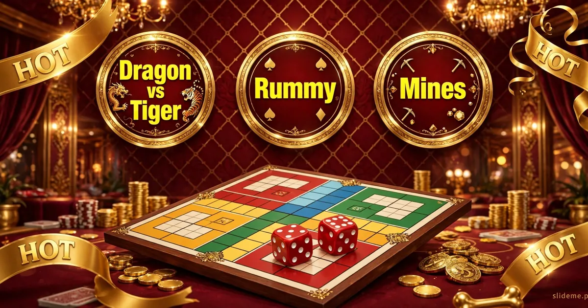 Ludo 789 lobby tiles for Dragon vs Tiger, Rummy and Mines above a Ludo board with red dice
