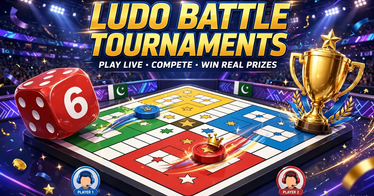 Ludo Battle tournament board with four colour tokens and trophy banner