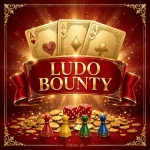 Ludo Bounty Game APK download 2026 — red and gold logo art with playing cards and Ludo tokens