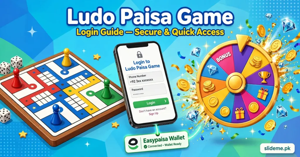 Ludo Paisa prize spinner with diamonds and gold coins, smartphone login linked to Easypaisa wallet
