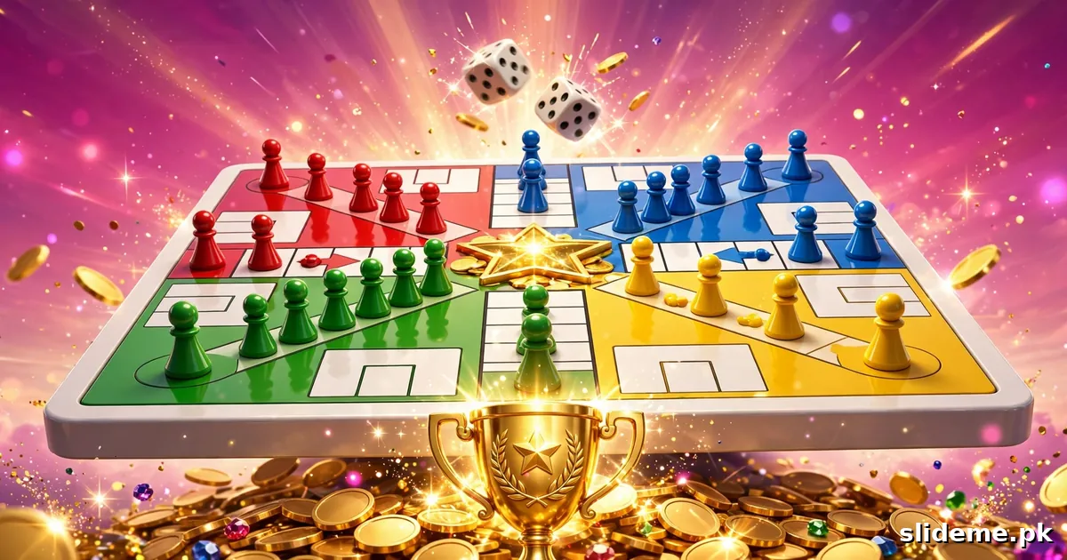 Ludo Paisa game hero banner showing a 3D Ludo board with colorful pawns, dice and gold coins