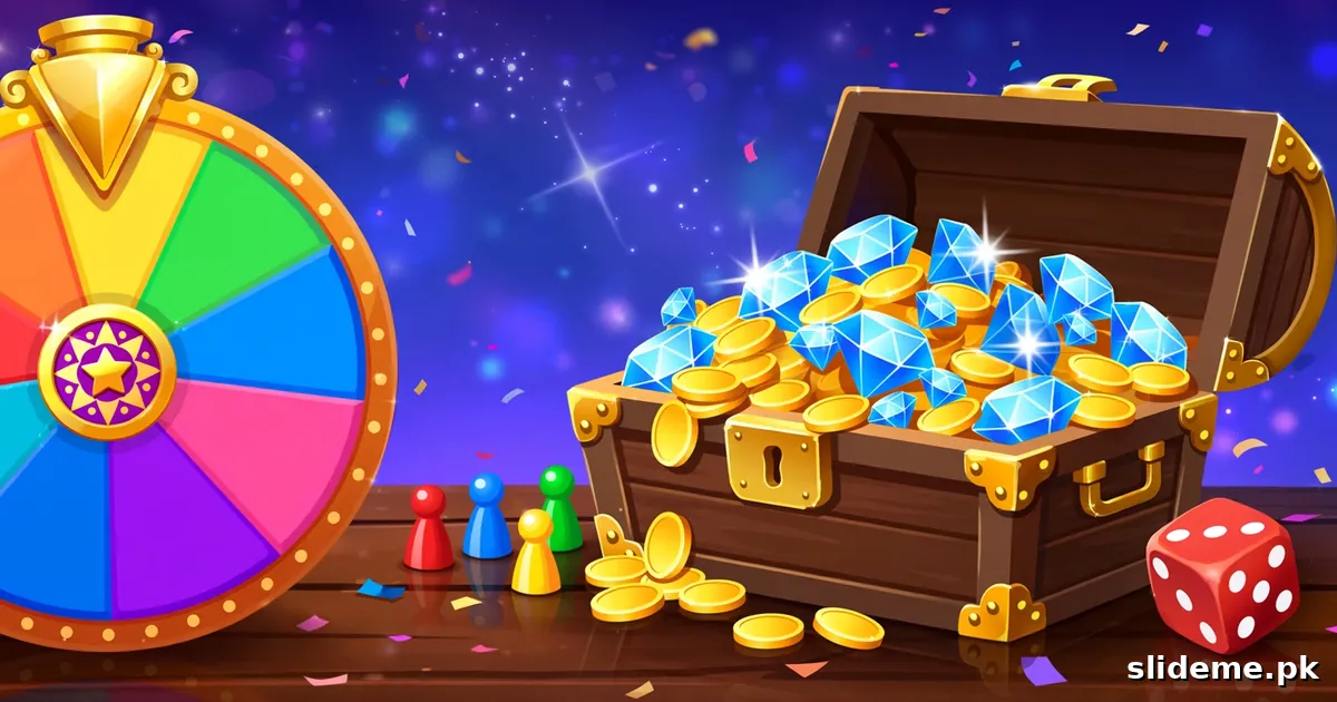 Ludo Paisa Play and Win banner with a prize spinner wheel, diamonds and a treasure chest