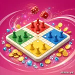 Ludo Paisa game app icon art with 3D Ludo board, dice, gold coins and diamonds
