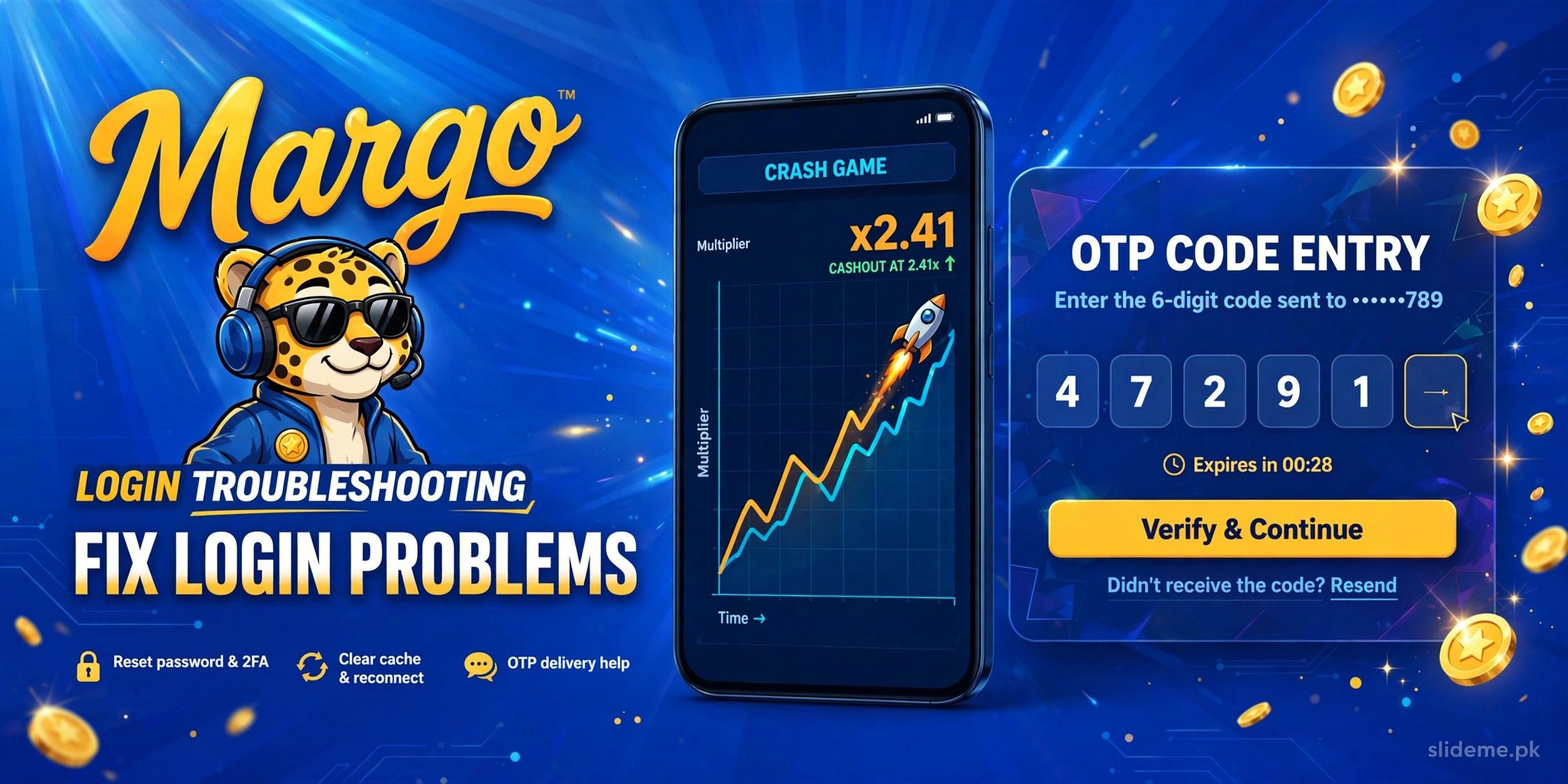 MargoBet login troubleshooting guide — OTP code entry and crash game screen