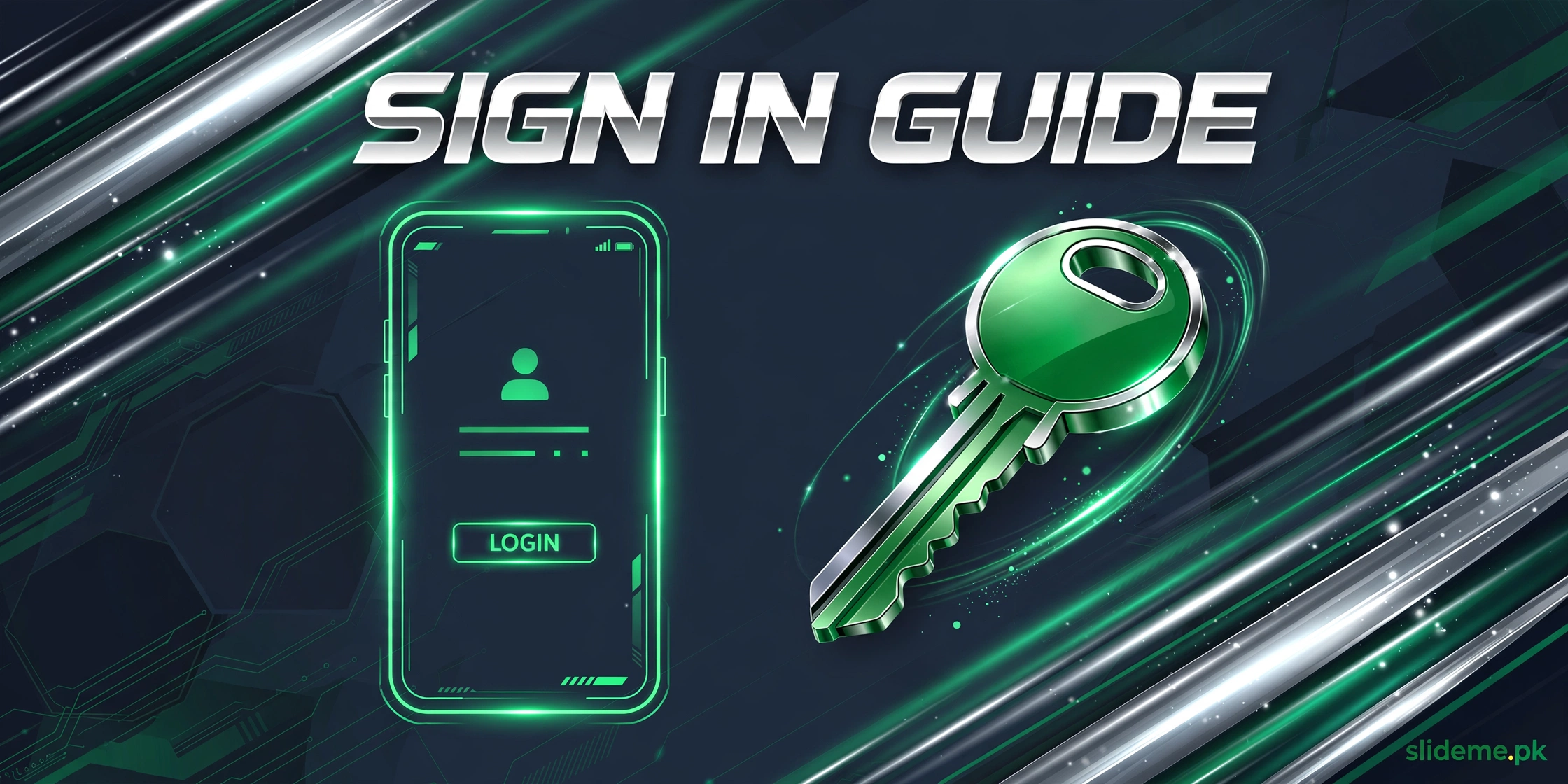 ME5 sign in guide – neon login illustration in green and silver
