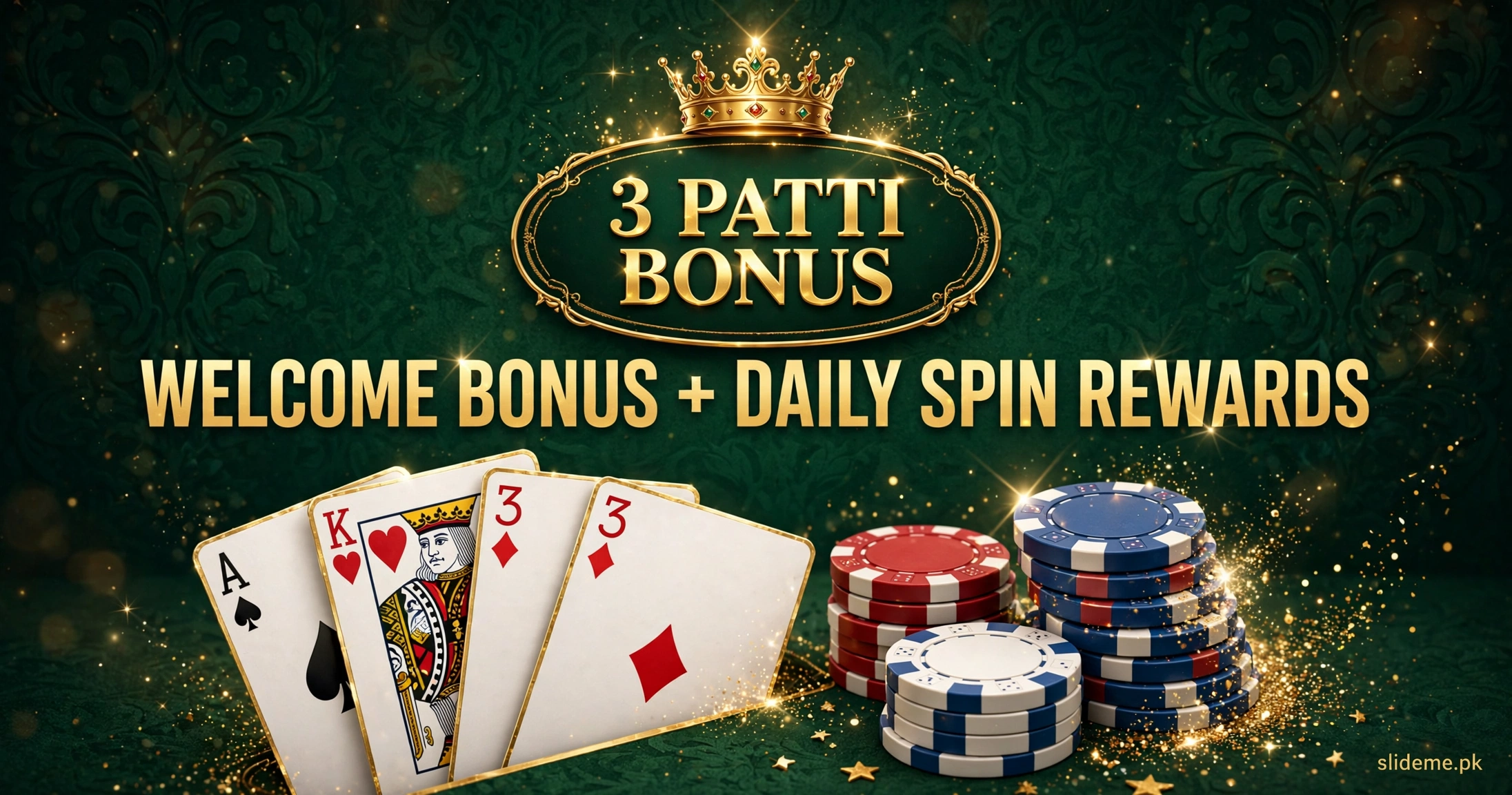 3 Patti Bonus deposit match banner — 3% to 10% bonus chips with golden crown icon and red white blue poker chips on dark green