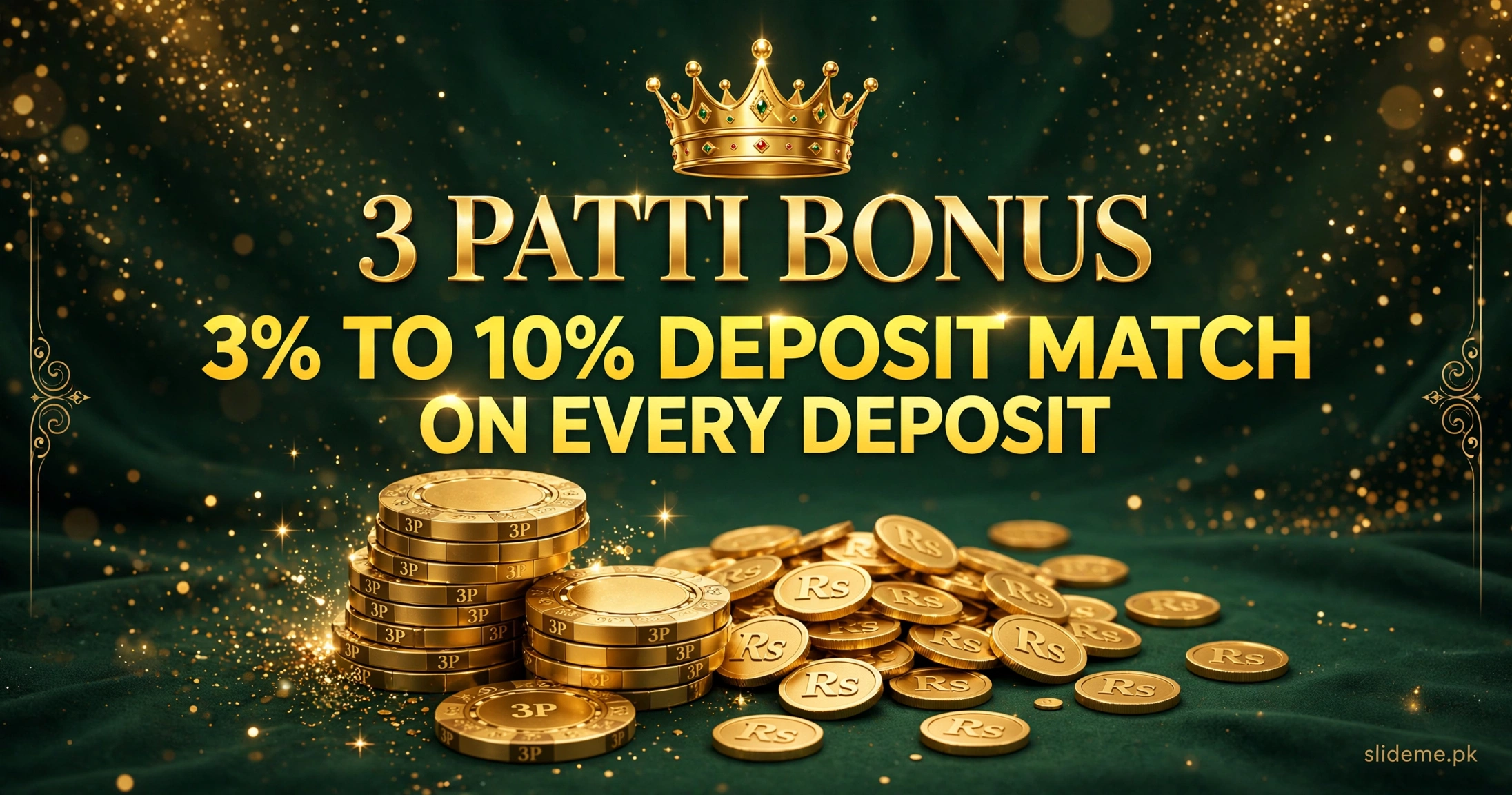 3 Patti Bonus daily lucky spin banner — golden spin wheel with golden crown, playing cards and sparkles on dark green casino background