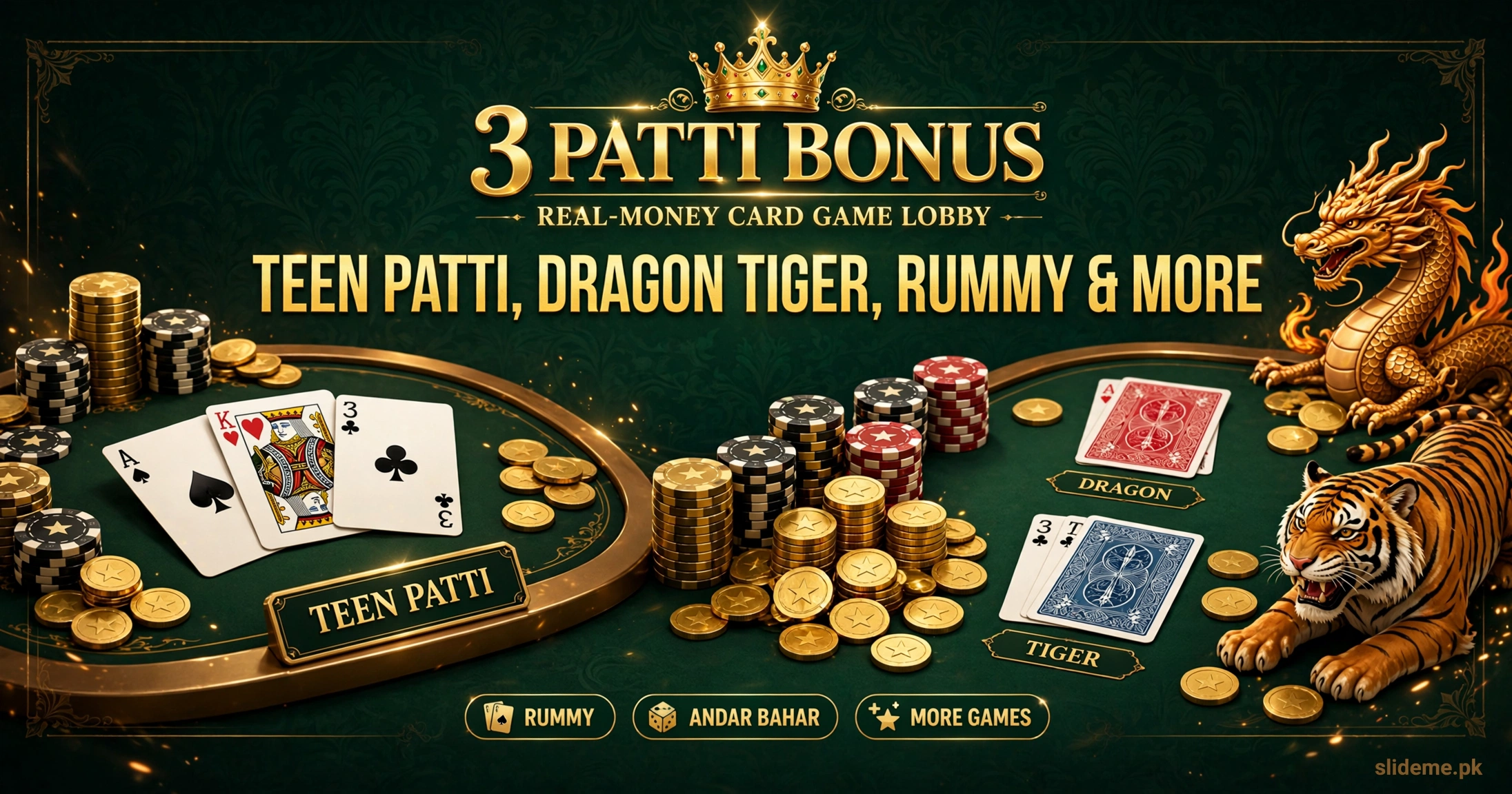 3 Patti Bonus referral banner — invite friends gift with golden crown app icon, red white blue poker chips and playing cards on dark green