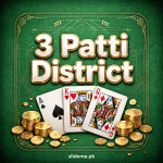 3 Patti District Game APK official logo with 3 Patti District lettering, playing cards and gold coins on green felt