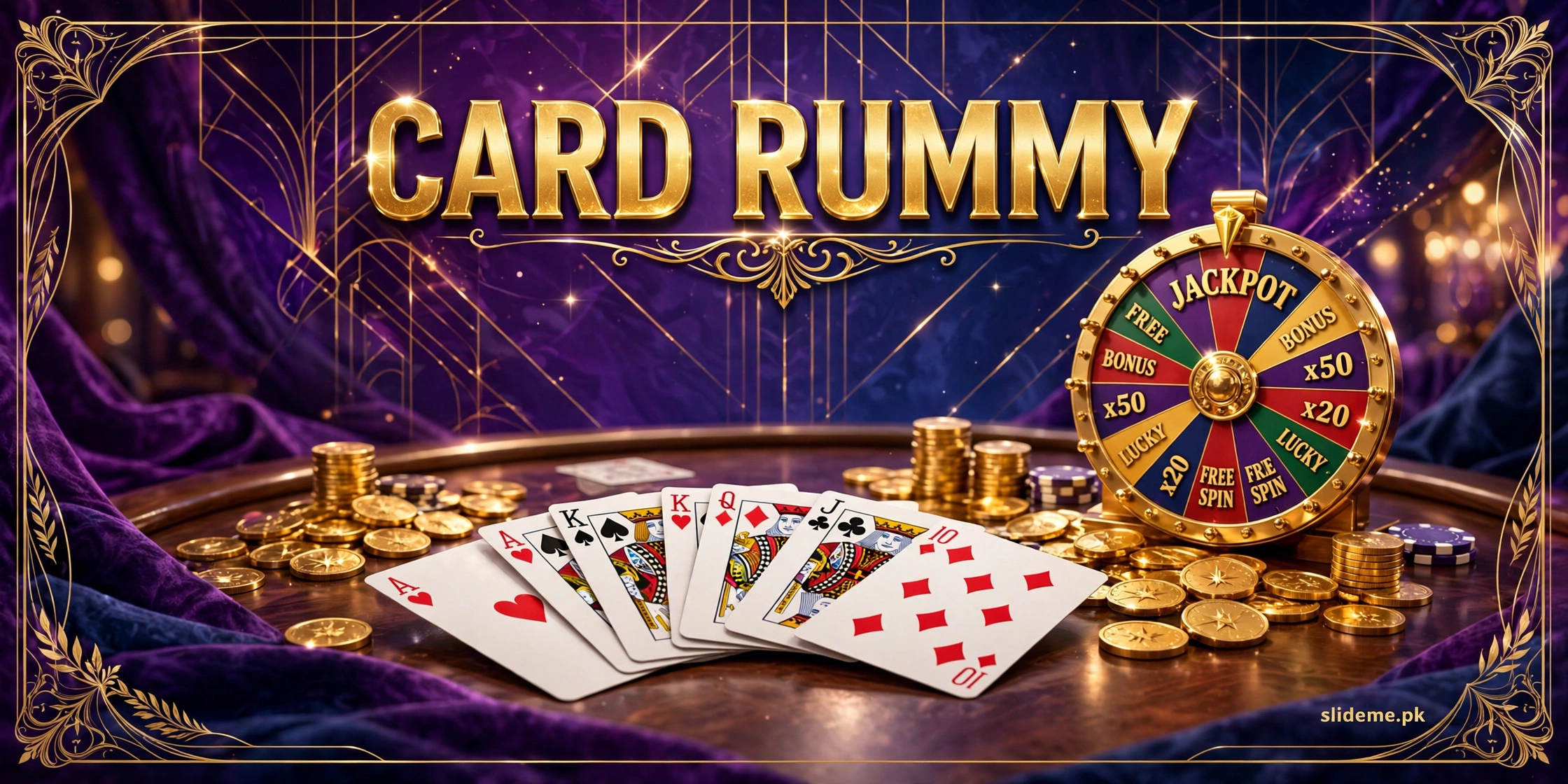 Card Rummy 30+ games lobby banner — rummy cards, Teen Patti and slot tables in gold and purple