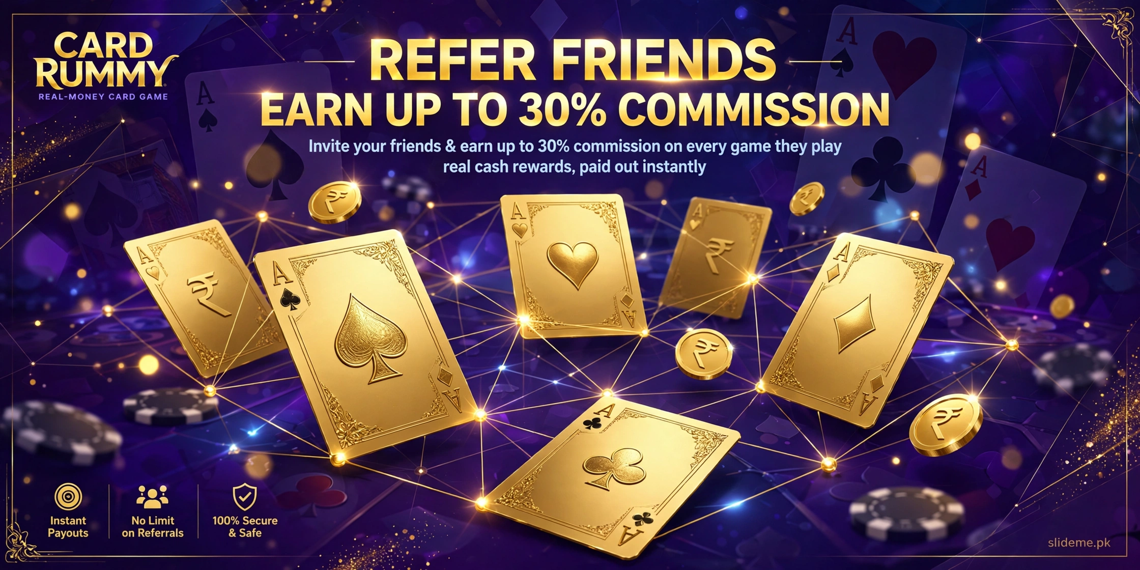 Card Rummy 100% deposit match bonus banner — PKR chips and gold coins on purple background
