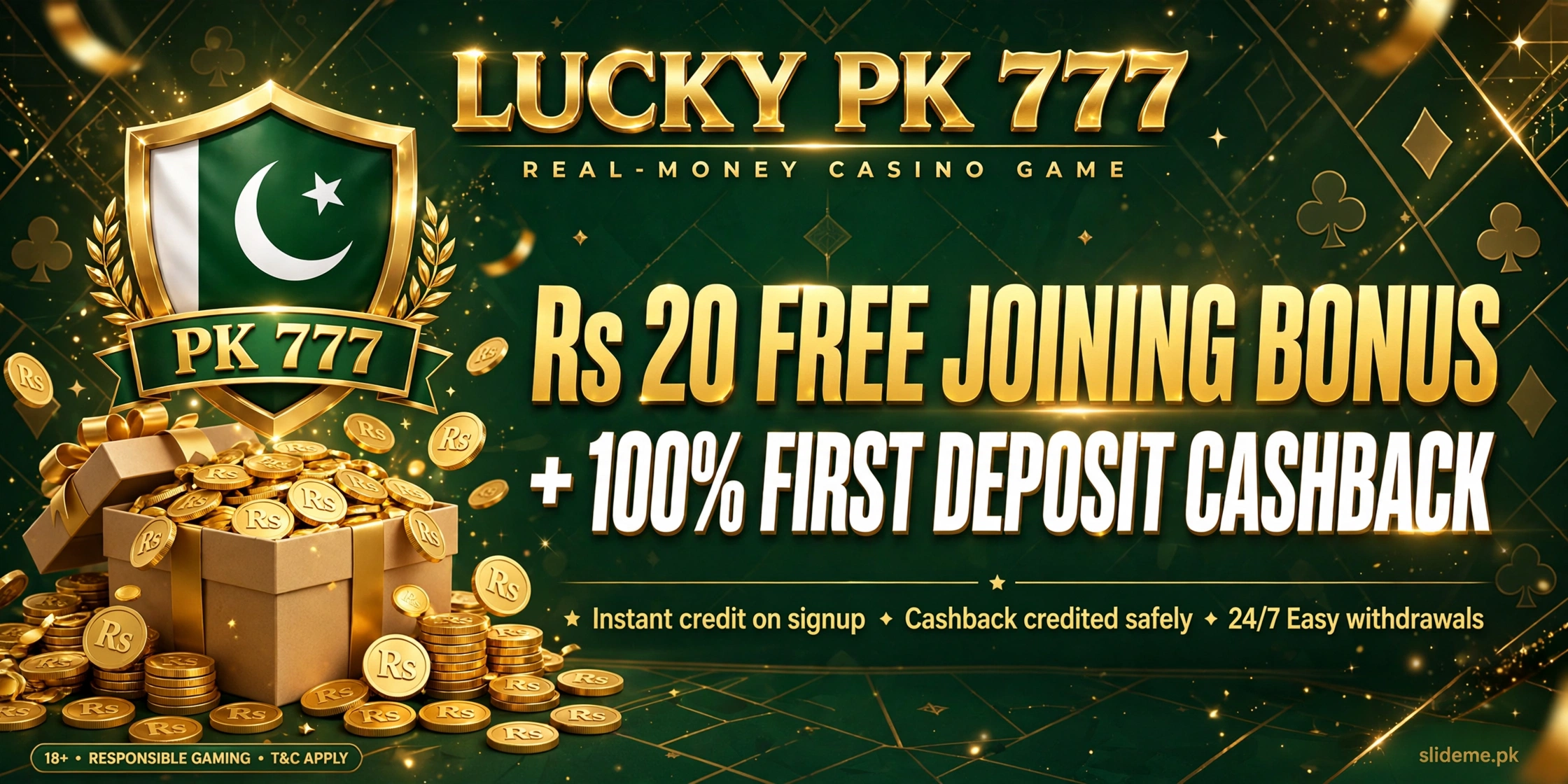 Lucky PK 777 Rs20 joining bonus and Rs170 seven-day login reward banner