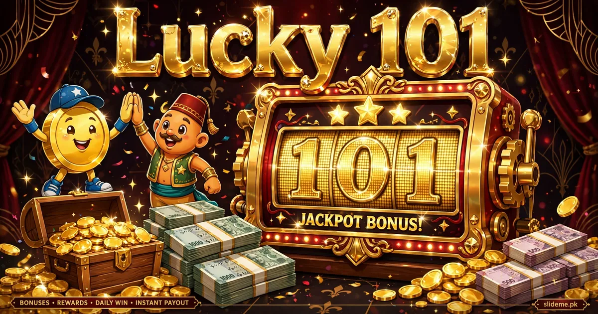 Lucky 101 bonuses banner with slot win display and treasure chest