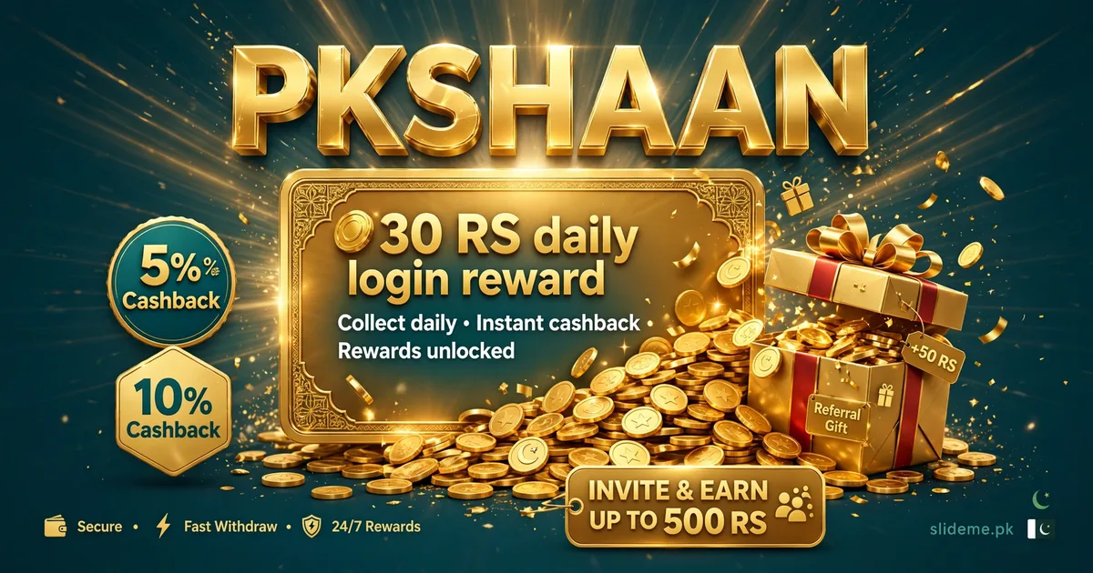 PK Shaan Game bonuses banner with Rs 30 daily login and cashback badges
