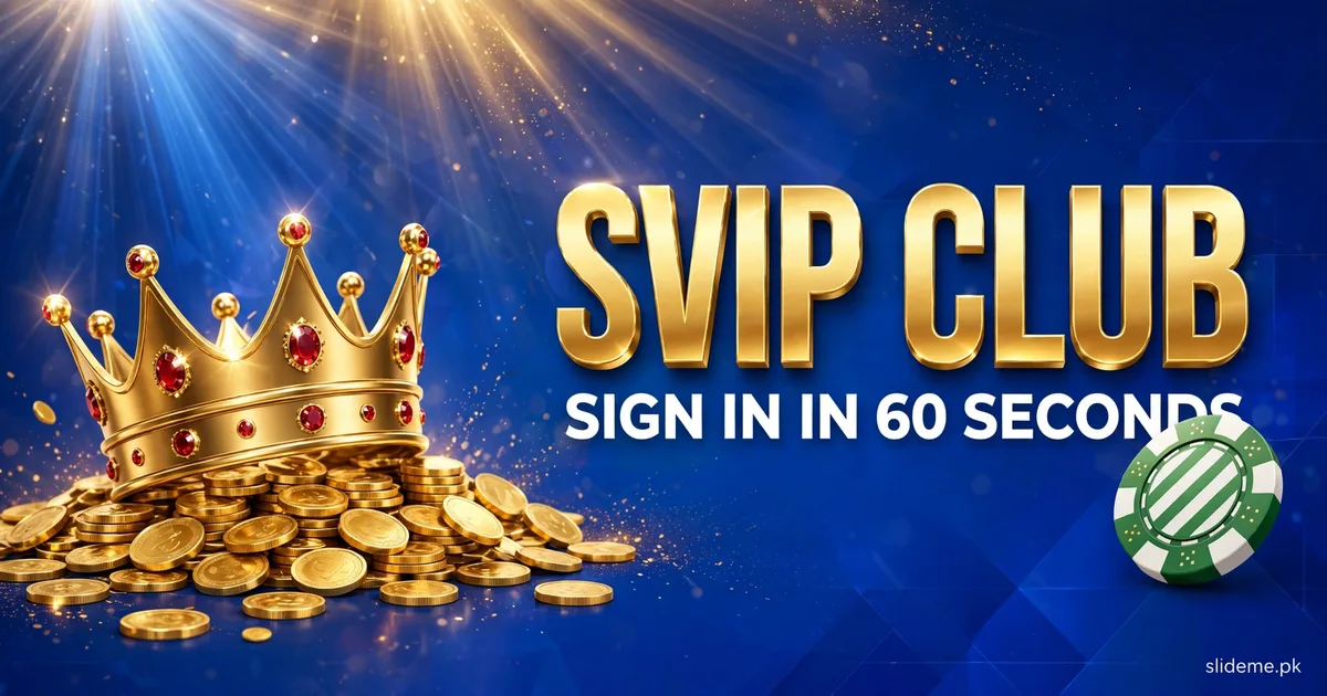 SVipClub sign-in steps — crown, coins and poker chip on royal blue