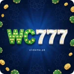 WC777 app featured graphic — green WC777 logo on navy blue background with gold coins, slideme.pk