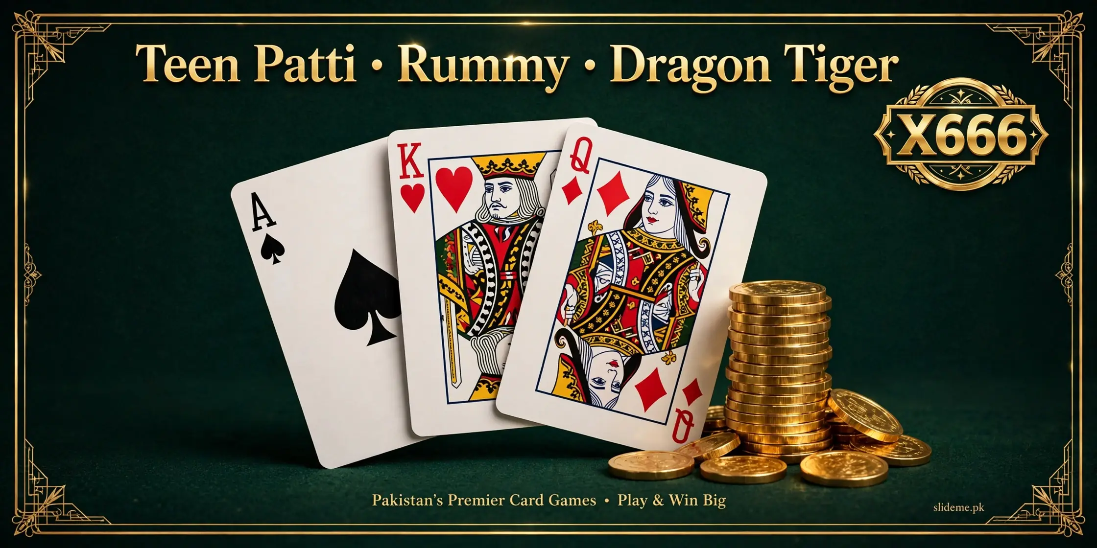 X666 card games banner — Teen Patti, Rummy and Dragon Tiger cards with gold coins