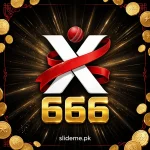 X666 app featured graphic — white X with red ribbon and golden 666 logo on black, slideme.pk