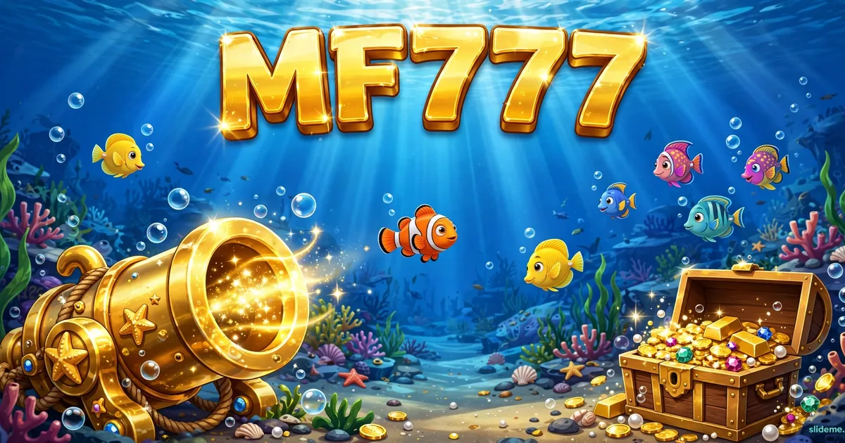MF777 Game fishing banner — underwater fishing cannon scene with gold coins and golden MF777 logo
