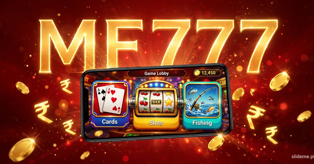 MF777 Game app banner — smartphone showing the MF777 game lobby with cards, slots and fishing tiles