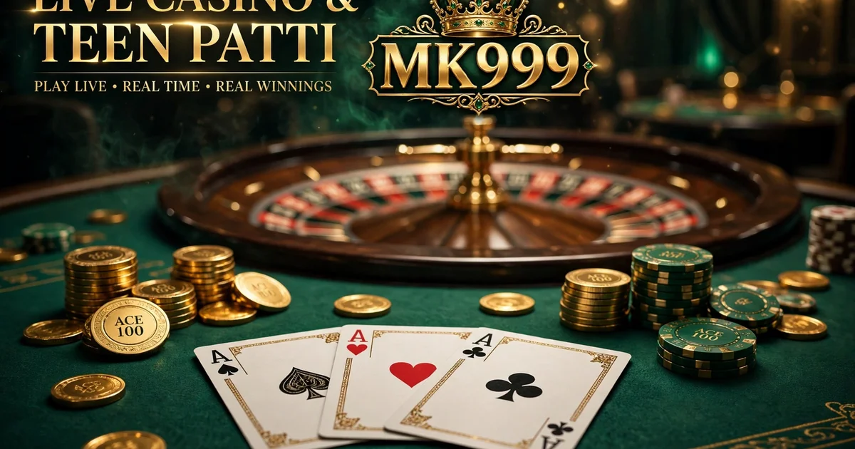 MK999 Game live casino Teen Patti banner – roulette wheel, aces and gold coins on emerald table
