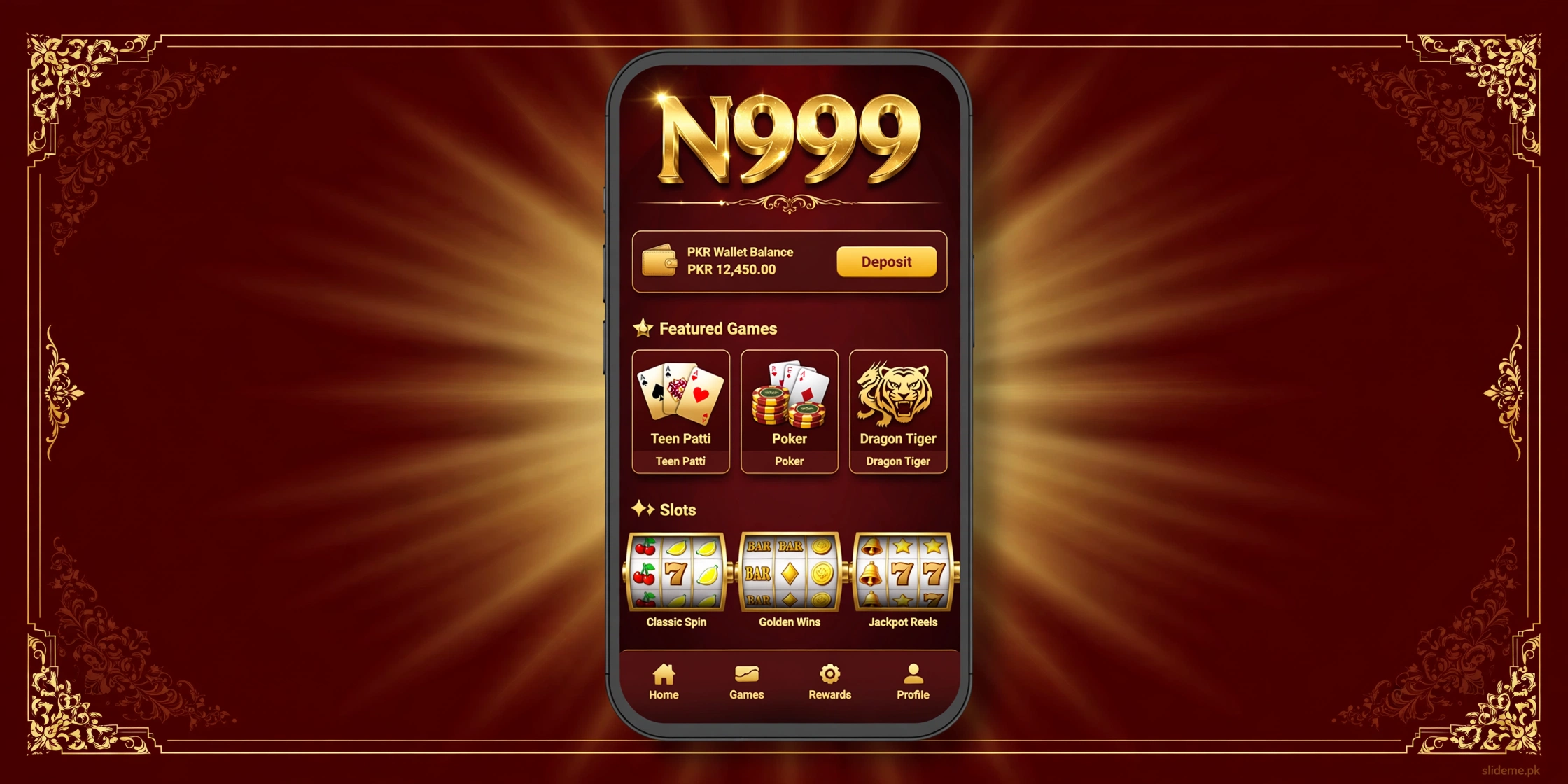 N999 Game lobby preview — maroon and gold casino lobby on smartphone