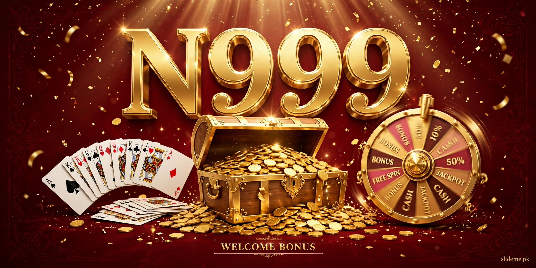 N999 Game welcome bonus — golden N999 letters with treasure chest