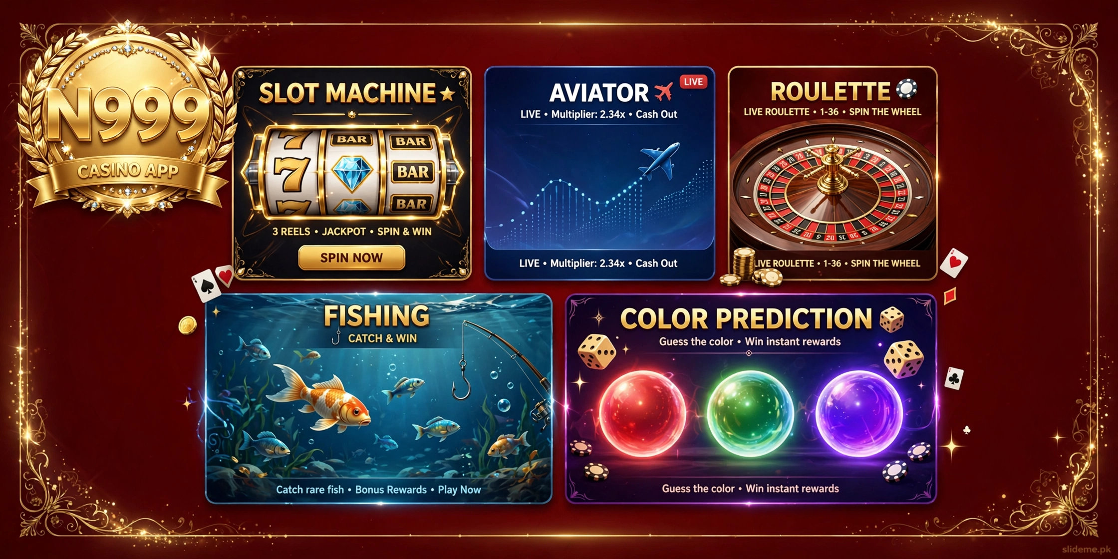 N999 Game lobby collage — slot reels, Aviator and fishing tiles