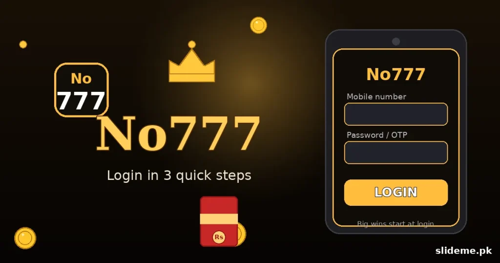 No777 fingerprint login — black and gold 777 branding with coins
