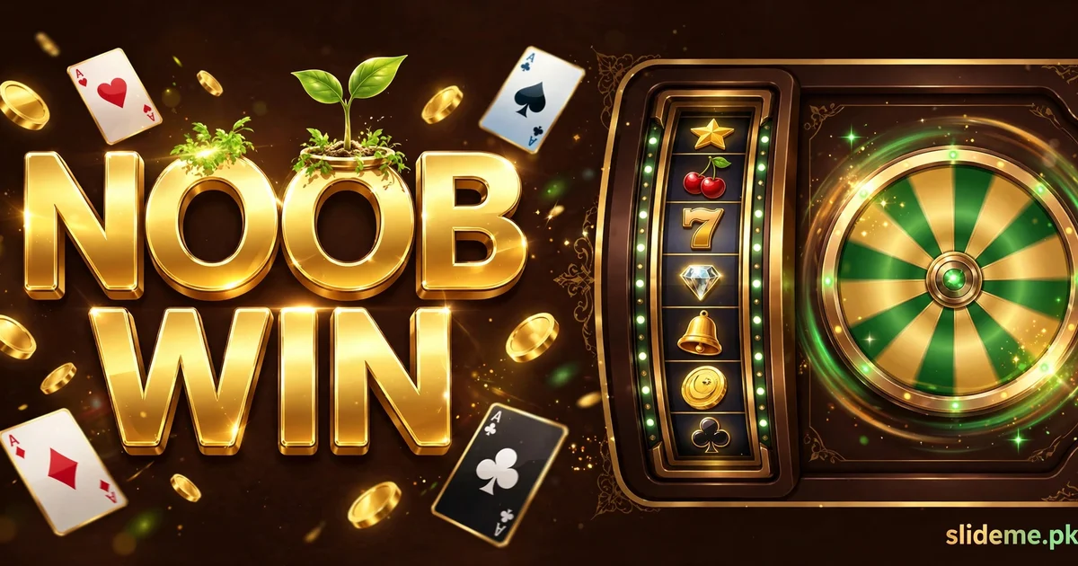 Noob Win Game APK hero banner with gold NOOB WIN logo, slot reels and spin wheel